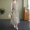 Summer Striped Printed Waist Cinching Long Dress Women Round Neck Sleeveless Dresses