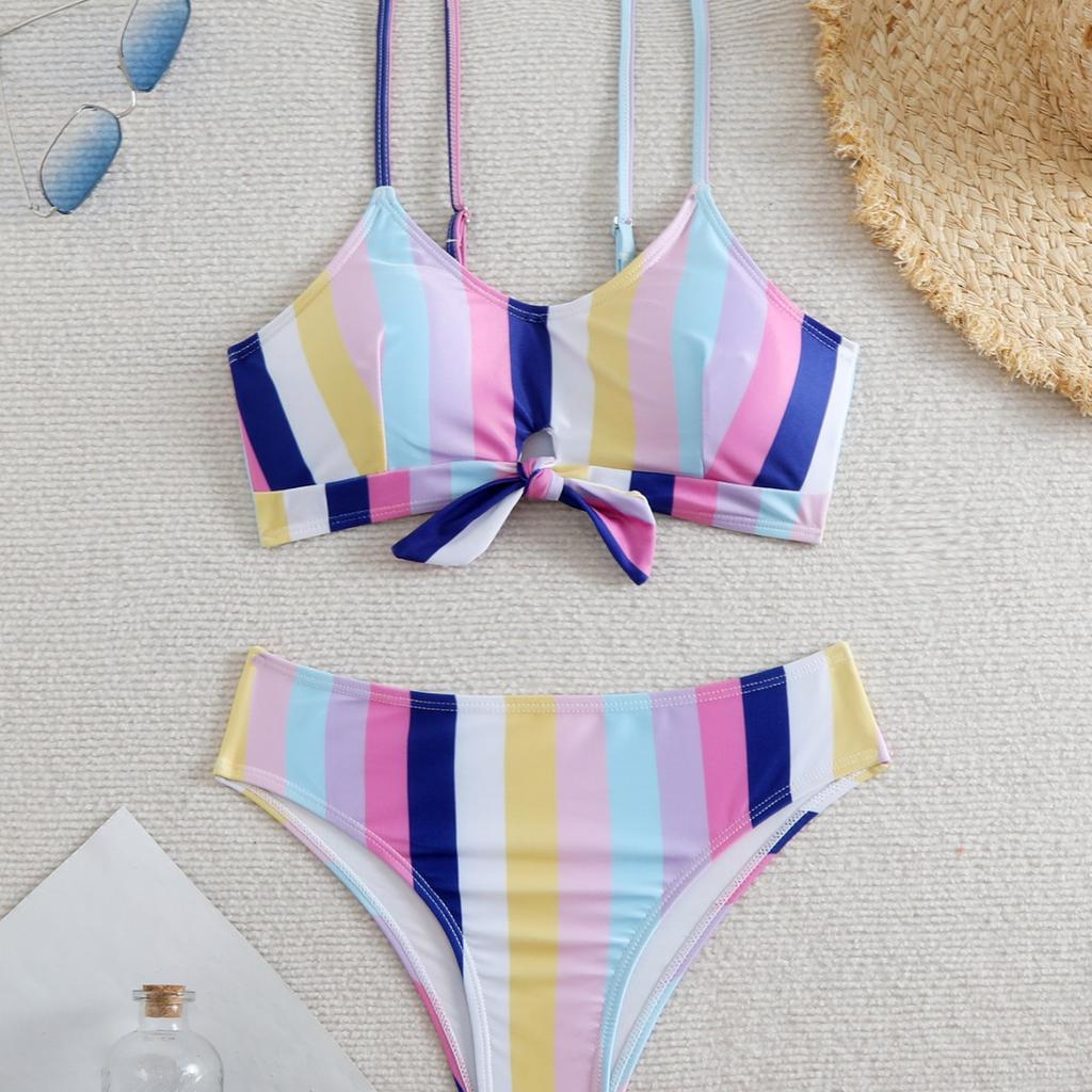 New European and American swimsuit sexy tight striped high elastic shoulder strap women's split swimsuit set