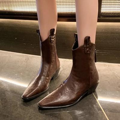 Осенне-зимние женские сапоги из натуральной кожи, женская обувь в стиле вестерн, острый нос, толстый каблук, ботинки челси, ботильоны в стиле ретро
