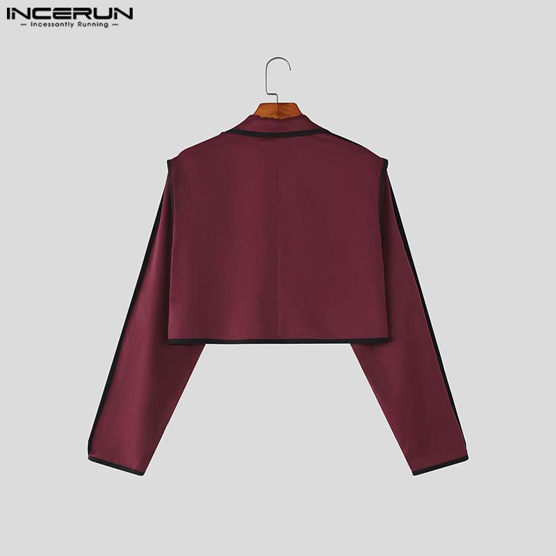 INCERUN Men Stitching Long Sleeve Cropped Tops and Long Pants Outfits Sets