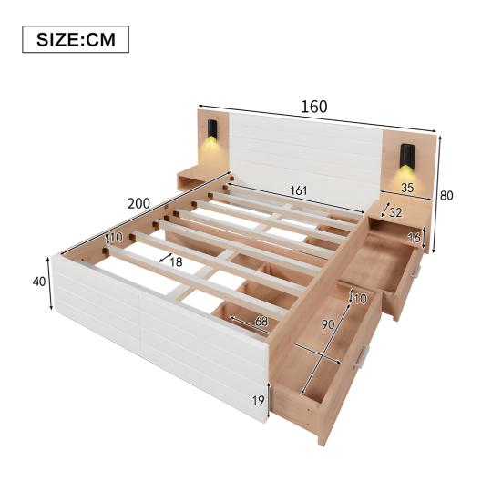 160x200cm Double Bed with 2 Drawers Bedside Cabinets Reading Light Headboard USB Charging Function Strong Wood Slat Support Bed Bedroom