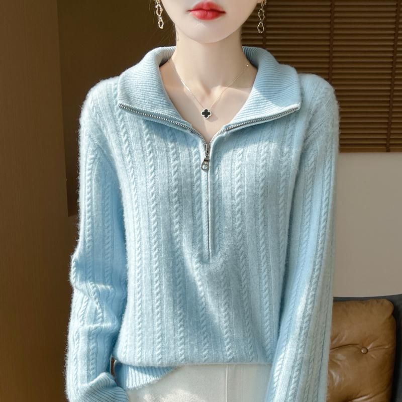 Women Sweater 100% Wool TIDENOVEL Turn-down Collar Knit Pullover Thick Winter Jumpers Female Knit Tops Zipper