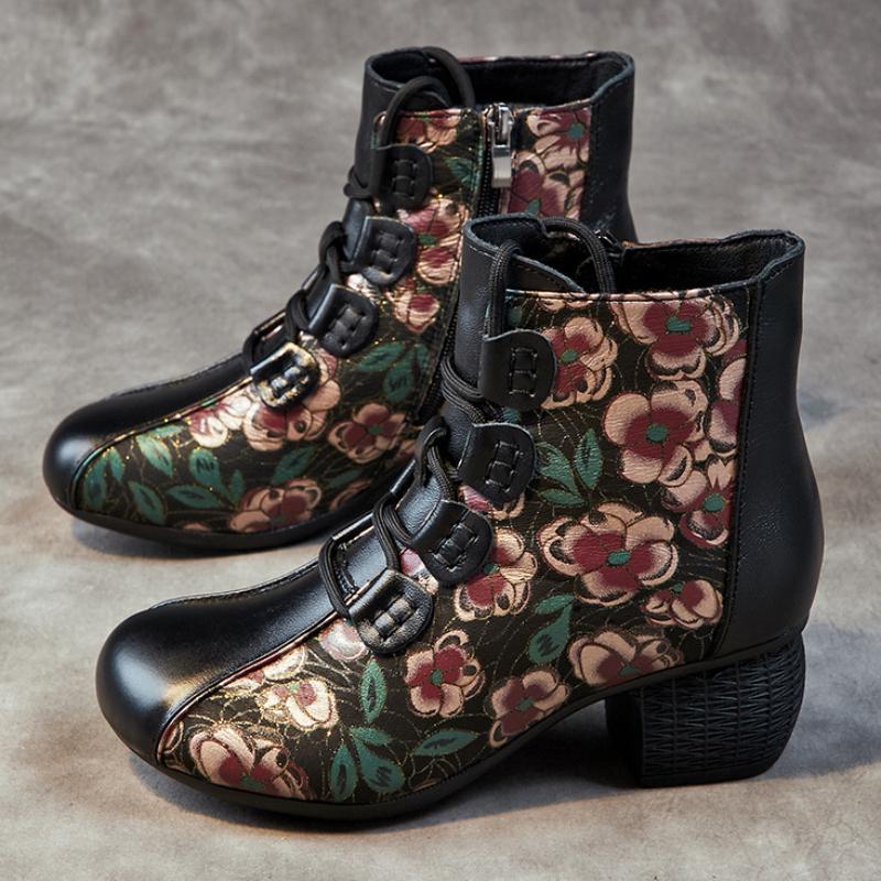 Johnature Короткие ботинки, женские теплые женские туфли с круглым носком и толстым каблуком в этническом стиле, на мягкой подошве с принтом