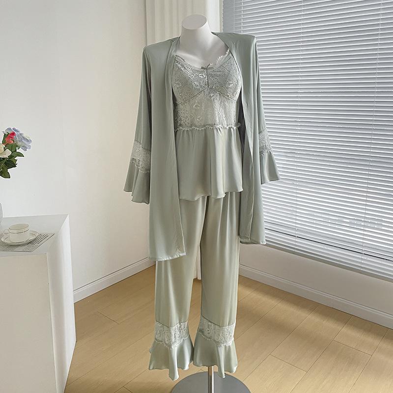 Весенние и осенние пижамы из трех частей, сексуальная кружевная домашняя одежда, повседневные атласные пижамы, женское нижнее белье, домашняя одежда