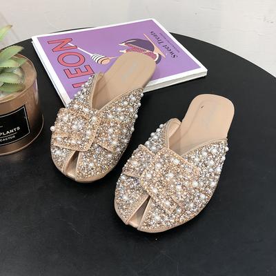 Сандалии-полушлепки женские летние новые женские для улицы с закрытым носком на низком каблуке с бантом стразами жемчугом на плоской подошве модные сандалии