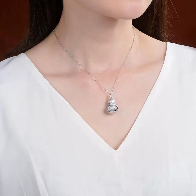 Personalized Vintage Gourd Lotus Pendant Necklace Women Jewelry Exquisite Hollow Fu Word Lady Silver 925 Chain Necklace Blessing