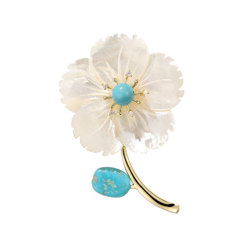 Xiliang Concubine Mother-of-Pearl & Blue Turquoise Peach Blossom Brooch – Elegant Coat Accessory Pin