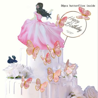 Набор для торта «С днем рождения» в виде бабочек, 56 принадлежностей для украшения торта в виде бабочек, 1 детская свадебная металлическая золотая верхняя часть для торта «С днем рождения»