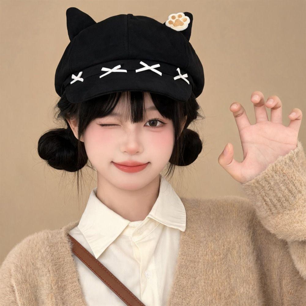 Y2K Cat Ears Beret Embroidery Newsboy Hat Casual Painter Artist Cap Daily