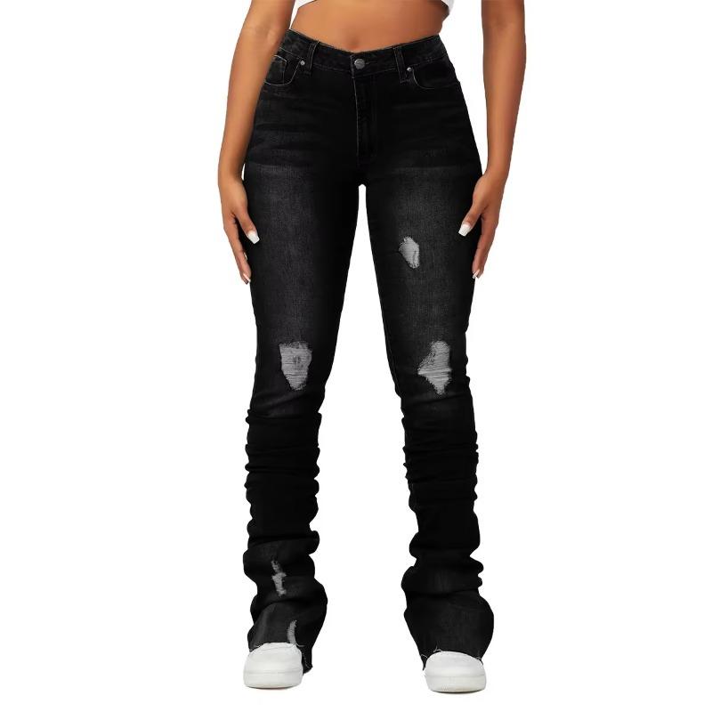 VibeStreet Washed Denim Straight Pants Women Ankle Length Jean Ripped Hole Distressed Pockets Solid Casual Skinny Vintage High Waist