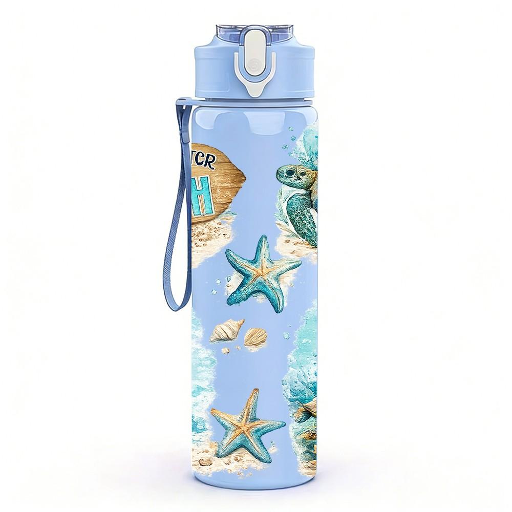 1PC Beach Ocean Sea Shell Landscape Print 750ml Color Plastic Sports Water Bottle Leakproof Flip Straw Lid Suitable for Sports Office Home Use