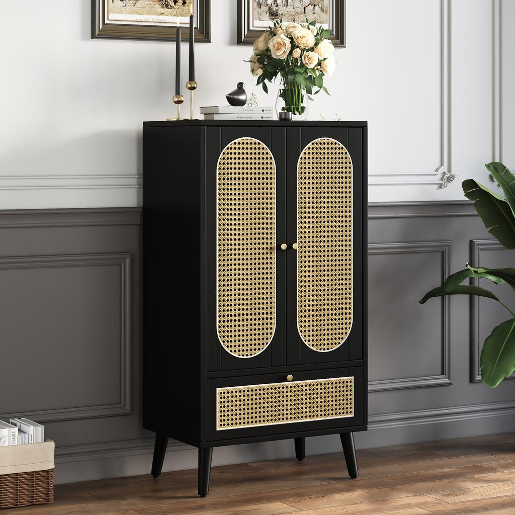 Compact Sideboard (1,1m), Rattan Design, Black, 2 Doors, 1 Drawer, Highboard, Dining Room Cabinet, Bookshelf, - Versatile Storage Solutions