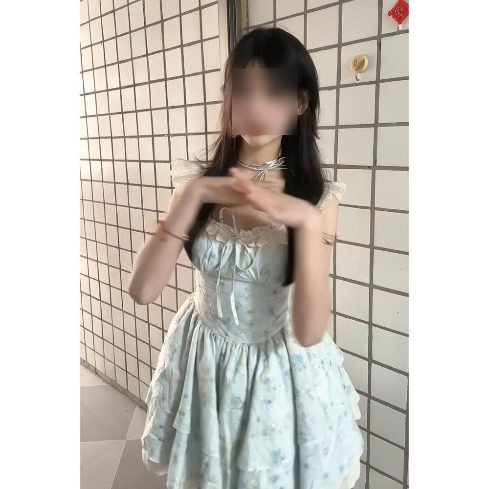 Сладкое Платье Spice Girl с Голубыми Рукавами-Крылышками Женское Летнее Приталенное Пышное Короткое Платье Сладкое Премиальное Платье Принцессы-Торта