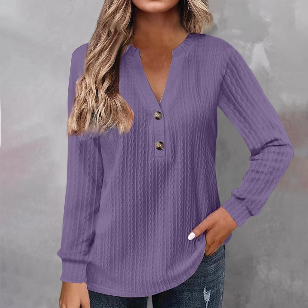 Women's Fashion Long Sleeve Solid Colour V-Neck Button T-Shirt Printed Casual Top