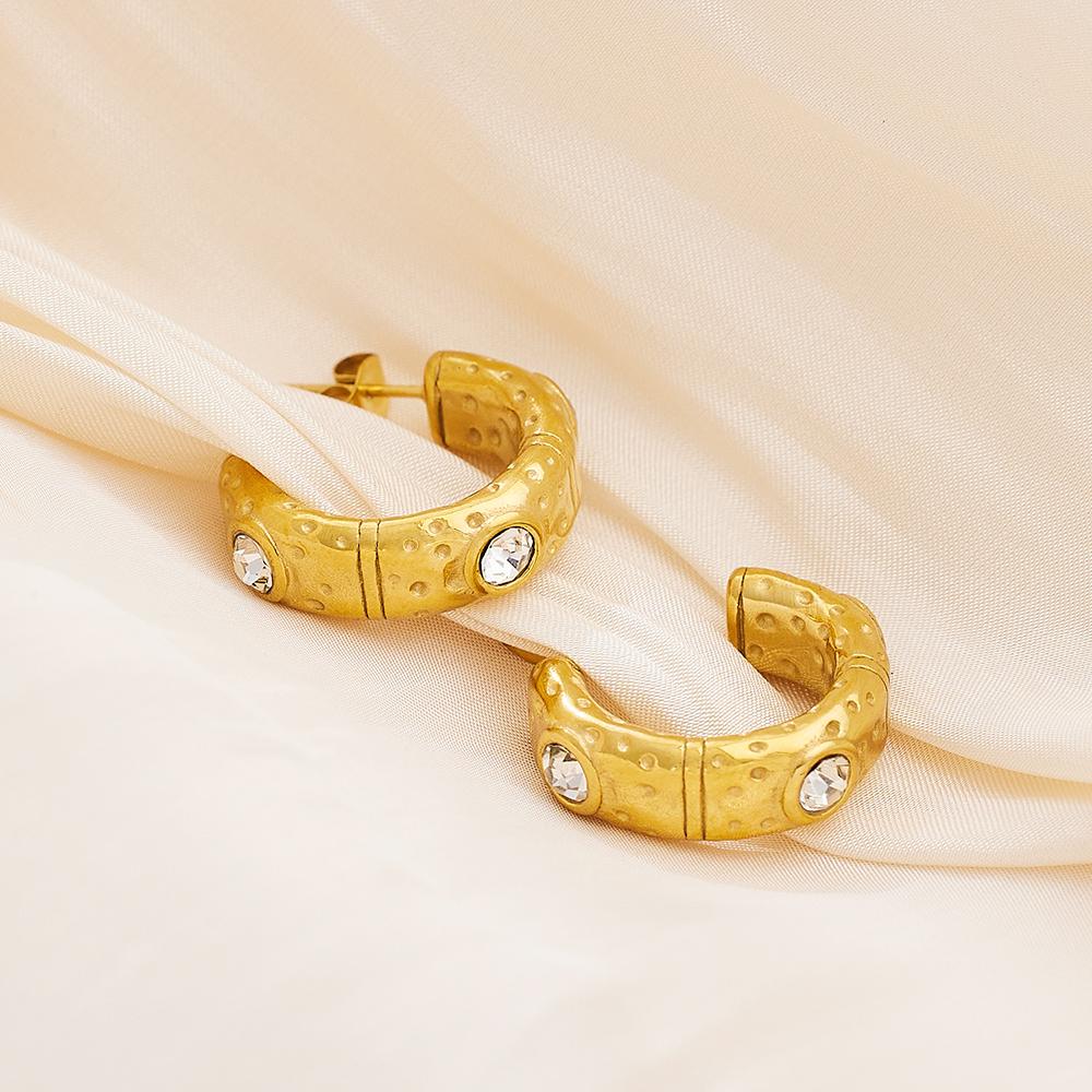Mlluki Fashion 18K Gold with Zirconia Diamonds C-Shape Irregular Line Stainless Steel Hoop Earrings Fashionable Jewelry