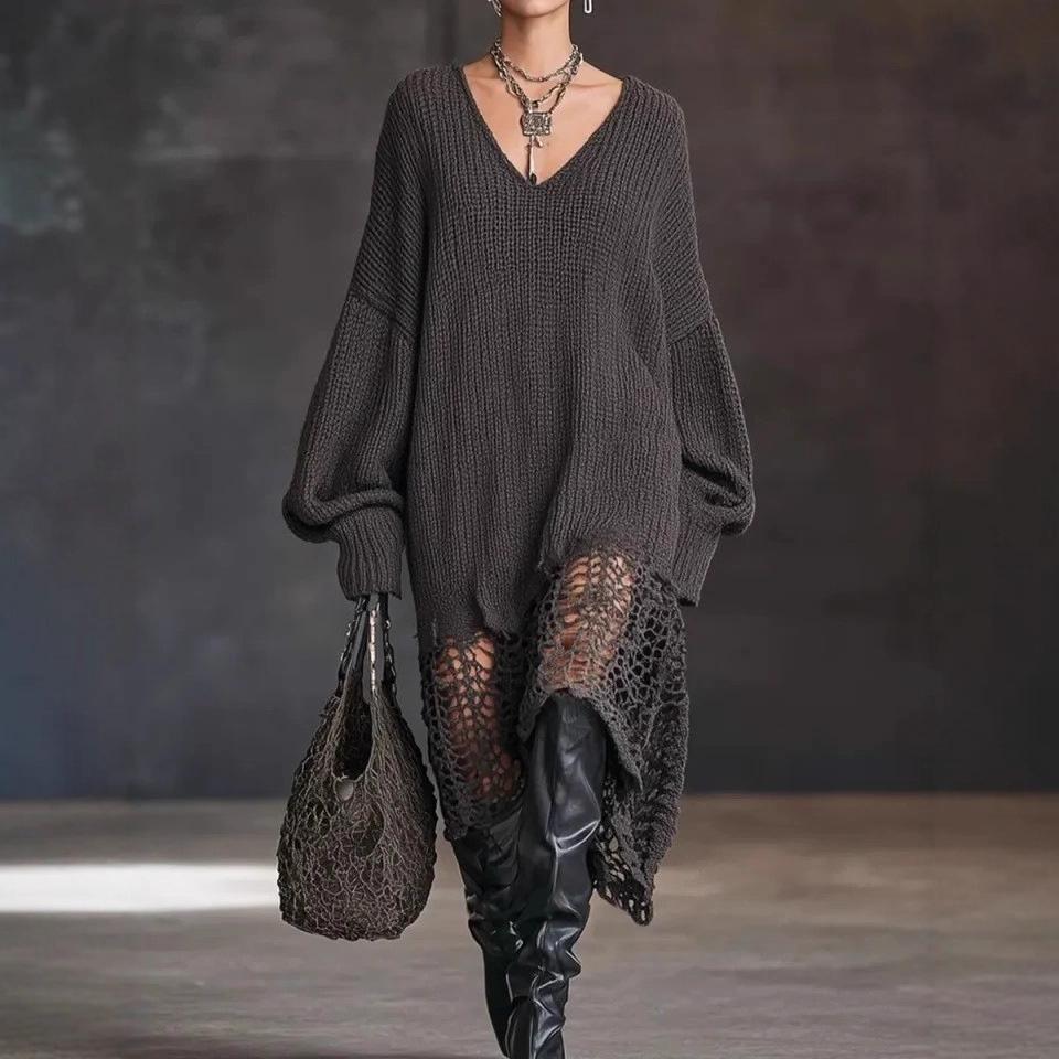 Европейское и американское вязаное платье с V-образным вырезом, неровным подолом и ажурным дизайном