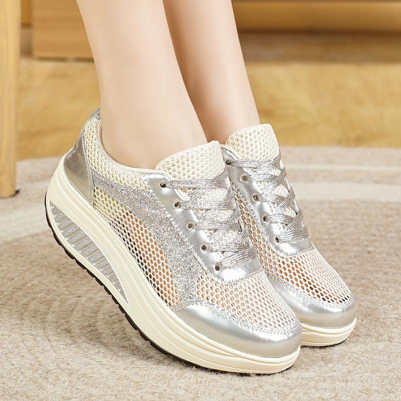 Women's Height Increase Gold Wedge Sneakers Summer Casual Thick Sole Loafers Girls Silver Minimalist Maternity Shoes