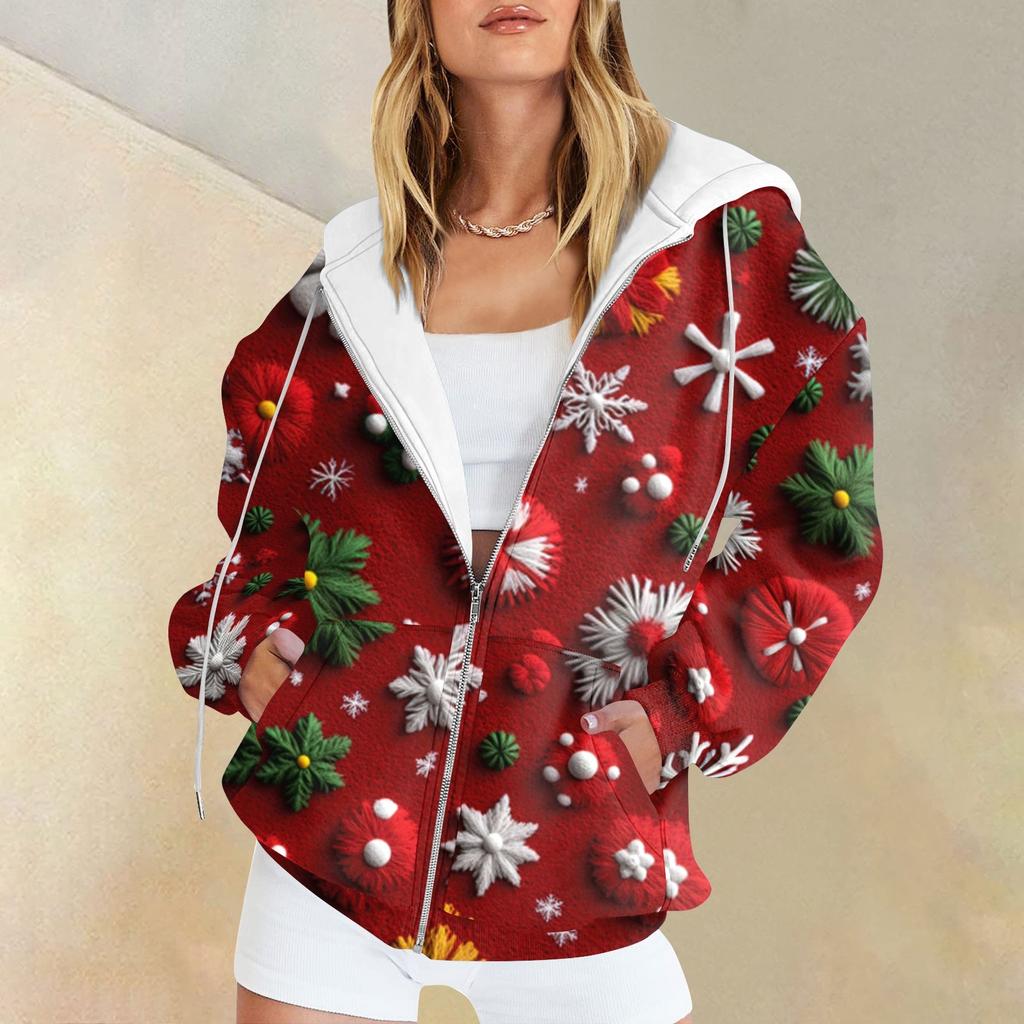 Женская мода повседневная рождественская принтовая толстовка зимняя с длинным рукавом кардиган куртка с карманом на молнии толстовка с капюшоном куртка