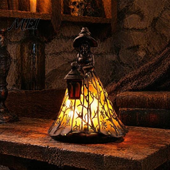 Unique Halloween Gift for Friends Witch Lamp, Stained Glass Style Gothic Table Lamp with Lantern, LED Resin Night Light Tabletop, Mantel, Bedroom