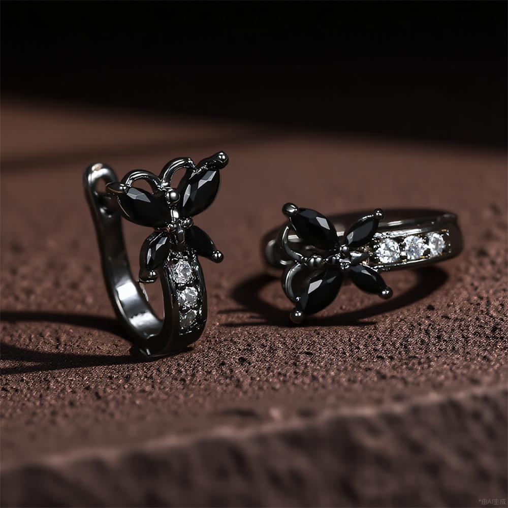 Винтажные серьги-кольца с милыми маленькими бабочками из черного циркона для женщин, цвет черного металла, свадебные украшения, универсальные подарки