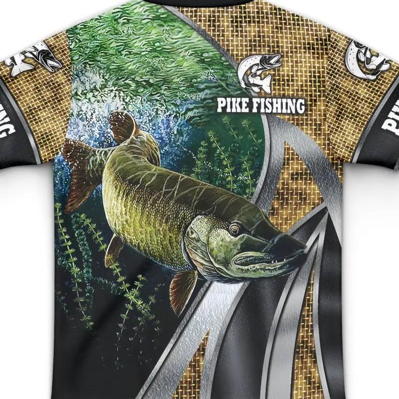 Mens Pike Fishing Print Long Sleeve UPF Sun Protection Tee Outdoor Hiking Cycling Running