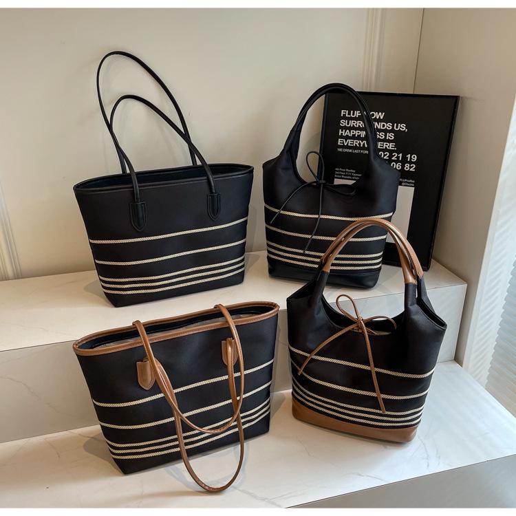 2024 Женская полосатая холщовая сумка-тоут большой вместимости: Осенне-зимняя сумка-ведро для поездок на работу и обратно