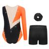 Girls Rhinestone Color Block Asymmetrical Leotard Round Neck Gymnastics Skating Outfit Set