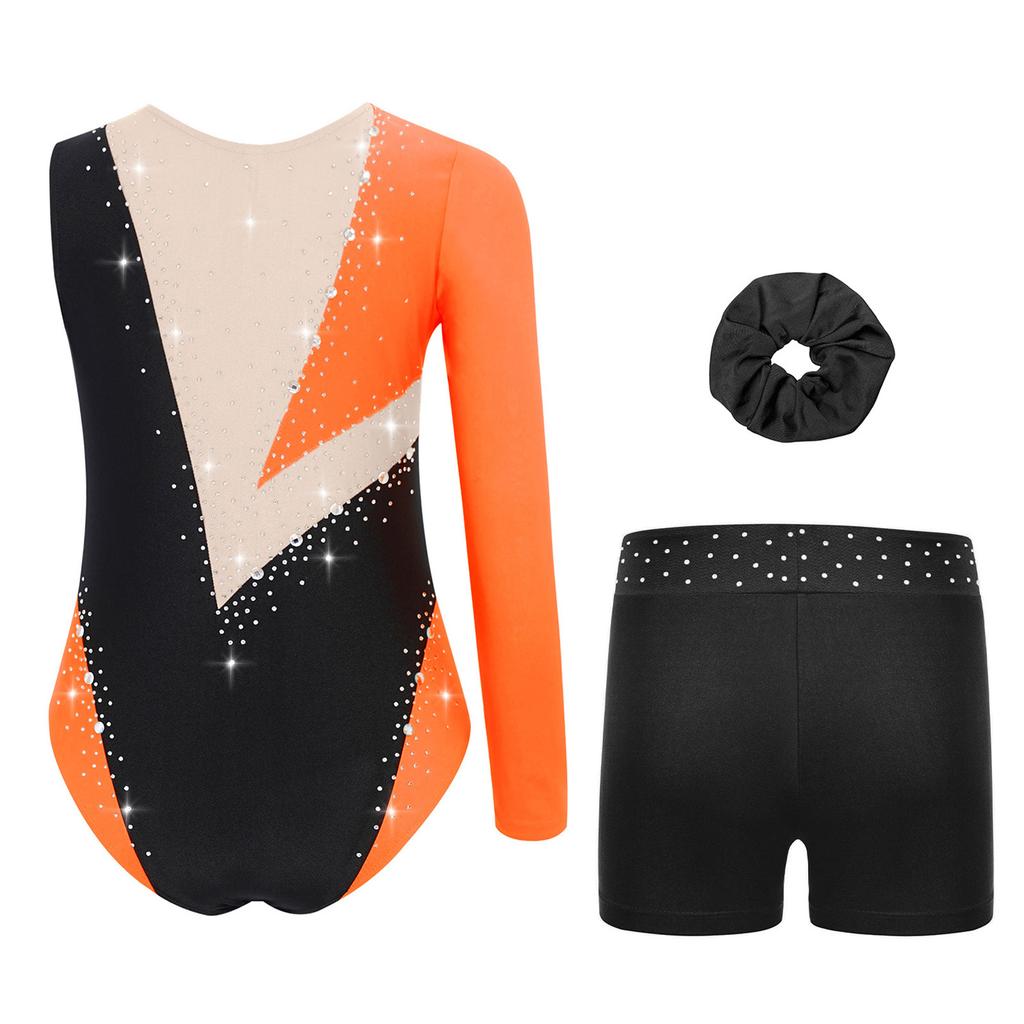 Girls Rhinestone Color Block Asymmetrical Leotard Round Neck Gymnastics Skating Outfit Set