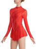 Womens Girls Figure Skating Dance Dresses Glitter Rhinestone Sheer Mesh Patchwork Long Sleeve Leotard Dress