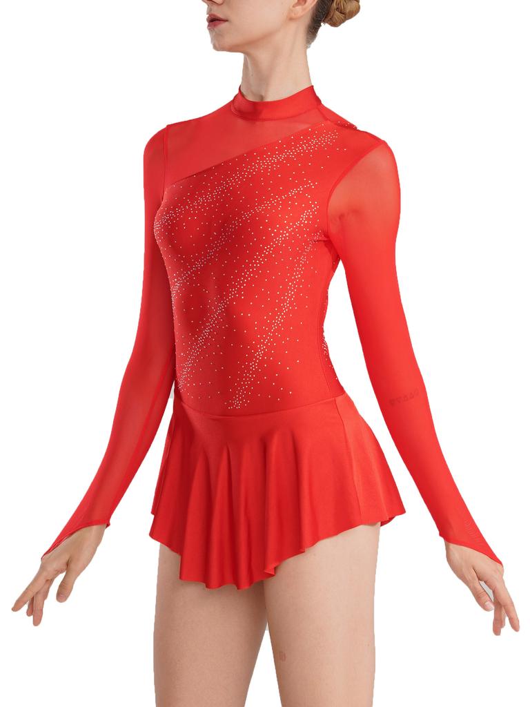 Womens Girls Figure Skating Dance Dresses Glitter Rhinestone Sheer Mesh Patchwork Long Sleeve Leotard Dress