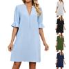 Summer New Solid Color V-neck Loose Shrink Pleat Five-quarter Sleeve Dress Women