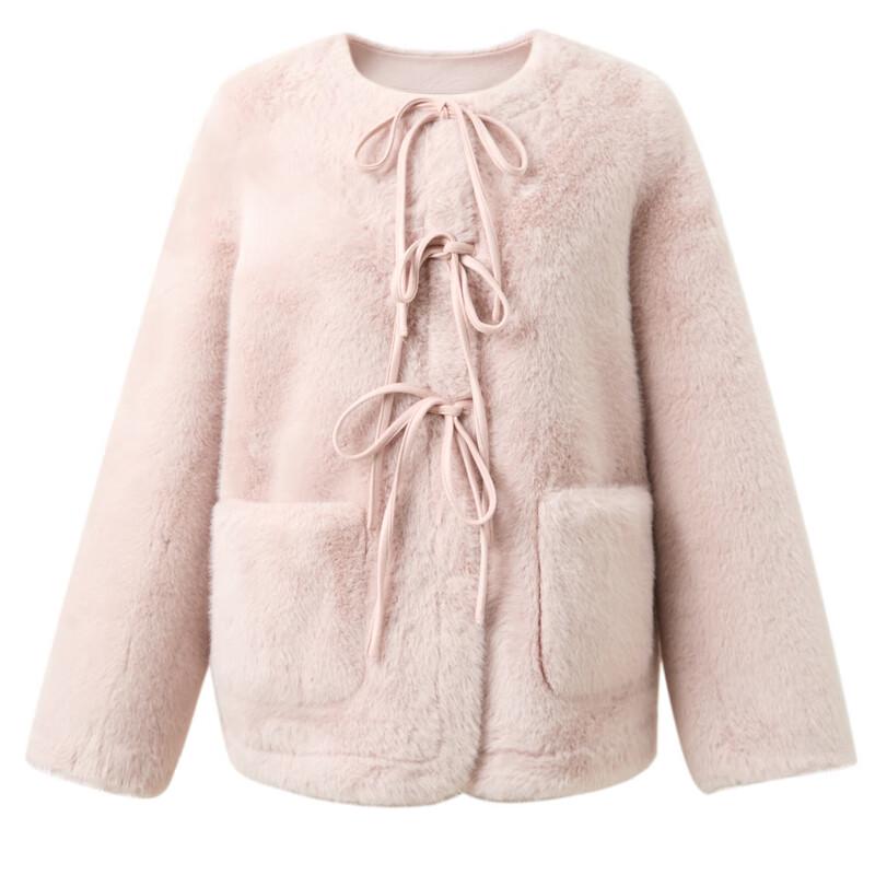 Sancai 2025 Winter Faux Fur Tie-Waist Coat