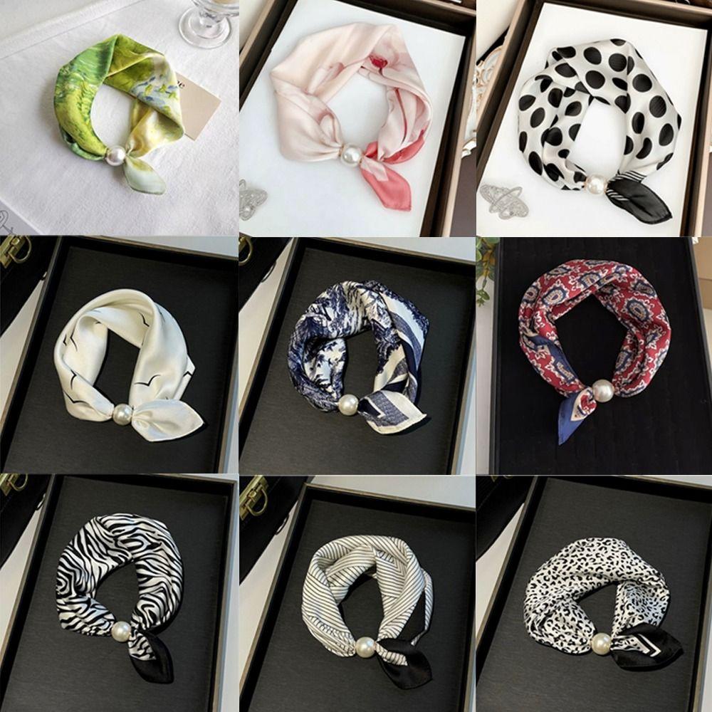 Fashion Pearl Buckle Silk Scarf Printed Soft Neck Scarf Lightweight Thin Neckerchief Women