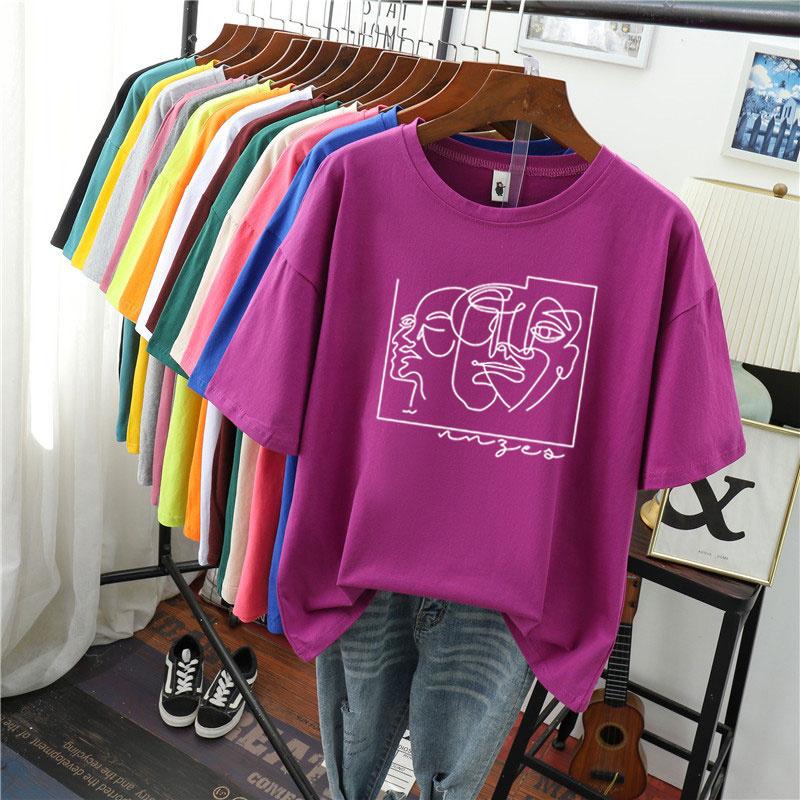 Hirsionsan Fashion Abstract Line Printed T Shirt Women Funny Graphic Soft Loose Female Tees Cotton Summer Casual Tops Khaki Tshirts 2021