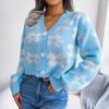 Fall Winter Contrast Color Flower Lantern Sleeve Sweater V Neck Single Breasted Knitted Cardigan