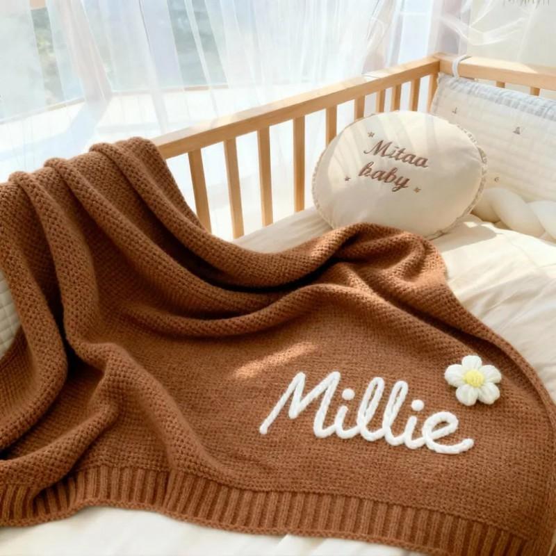 Personalized Embroidered Name Cotton Knit Stroller Blanket Baby Nap Soft Throw Sofa Bed