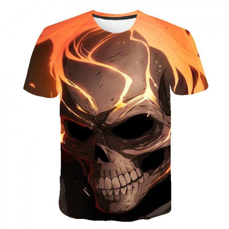 Evil Knight Skull Printed Short Sleeved T-shirt with Flame Pattern Skull Personalized Clothes for Men