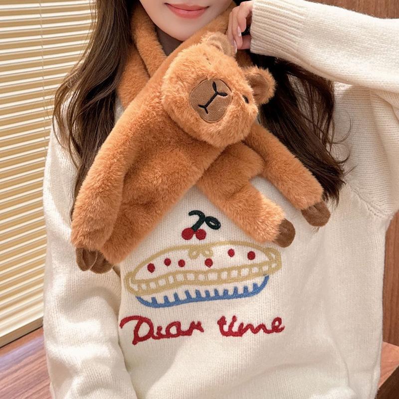 1Pc Fur Collar Soft Polyester Fiber Cartoon Plush Scarf Skin-friendly Faux Rabbit Fur Warm Capybara Clothing Accessories
