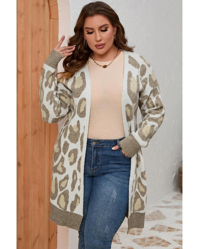 Azura Exchange Beige Plus Size Leopard Pattern Cardigan