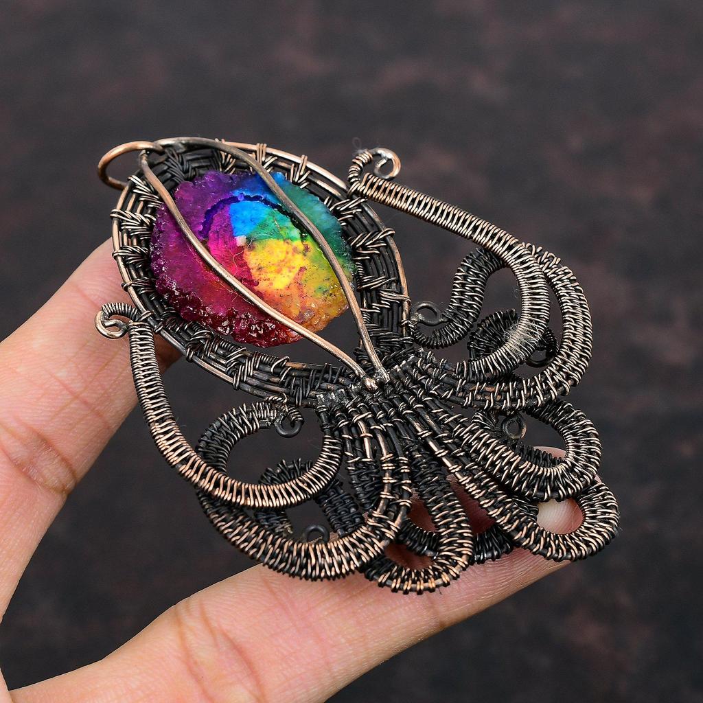 Радужный солнечный кварцевый кулон с друзами, подвеска из медной проволоки, антикварные медные украшения, подвеска в виде осьминога ручной работы, ювелирные изделия из драгоценного камня, подарок для мамы