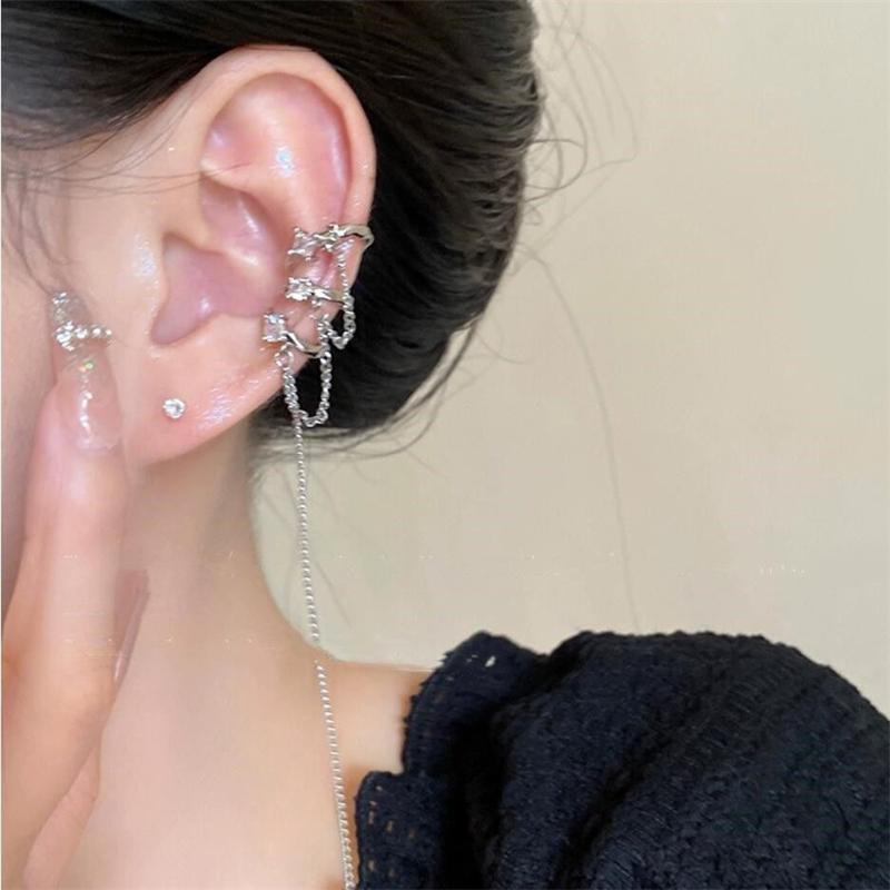 2 Pcs/lot Asymmetrical Women's Clip Earrings Silver Color Chain Tassel Pendants Punk Hiphop Crystal Non-Piercing Ear Cuff