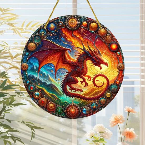 Window Hanging Pendant with Lanyard Realistic Dragon Printing Round Shape Sun Catcher Home Office Garden Decoration Panel Pendant