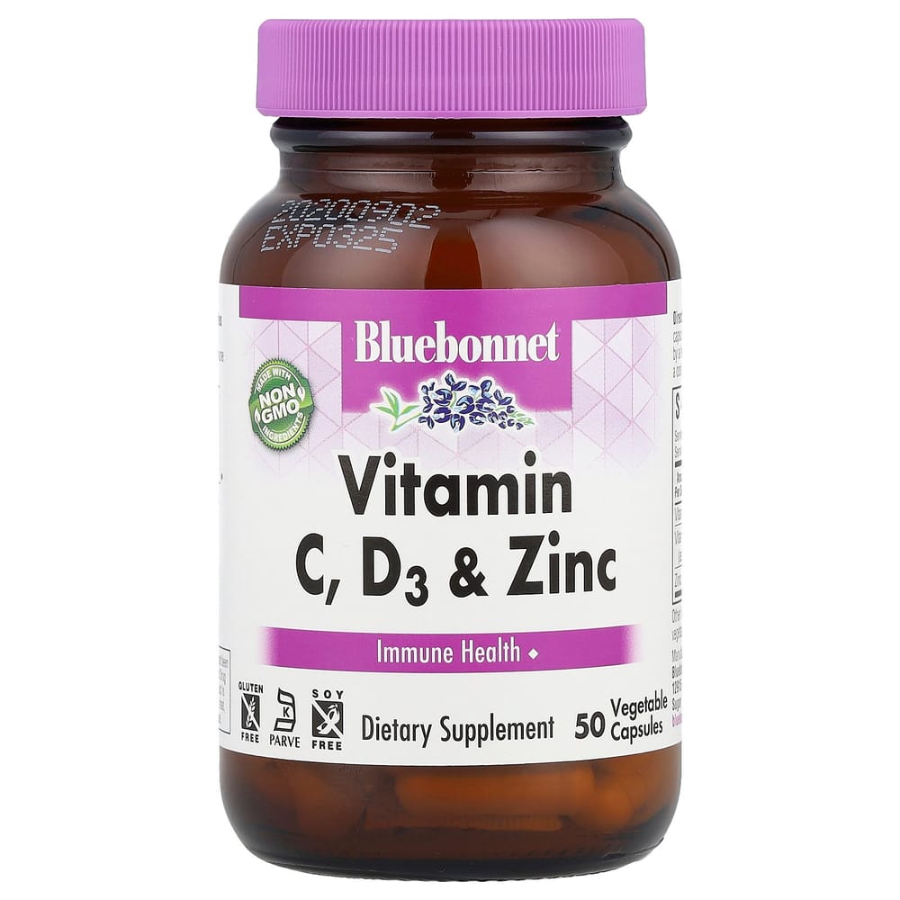 Bluebonnet Nutrition Витамин C, D3 и Цинк Вегетарианские Капсулы, 50 Штук