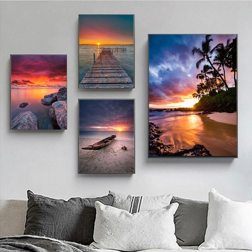 Пейзаж Закат Пляж Море Пирс Принты Постер Холст Картина Современное Настенное Искусство Картина HD Для Гостиной Спальни Украшение Дома