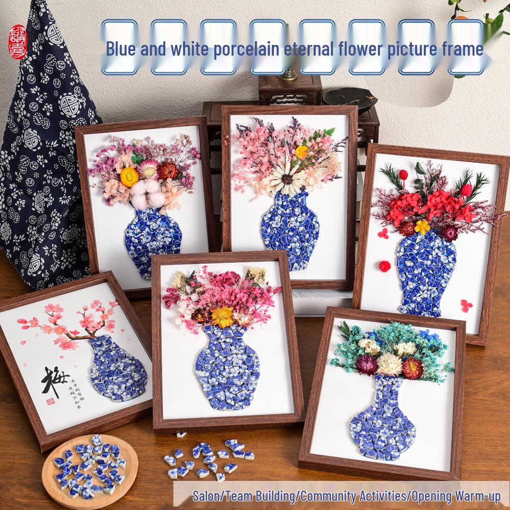 Handmade Blue & White Ceramic Photo Frame DIY Kit with Preserved Dried Flowers - Perfect for Mother's Day or Salon Events