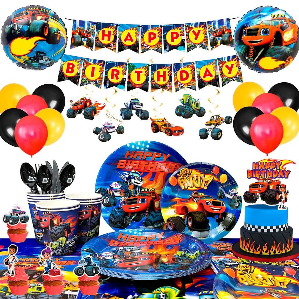 Monster Truck Birthday Party Supplies,119pcs Monster Machines Party Plates and Napkins Cups Table Cloth Banner Balloons Cake Topper Ect