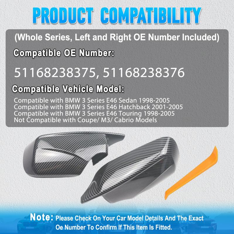 2Pcs Car Rearview Side Mirror Cap Cover Left Right for For BMW 3 Series E46 Sedan Hatchback Touring 51168238375, 51168238376