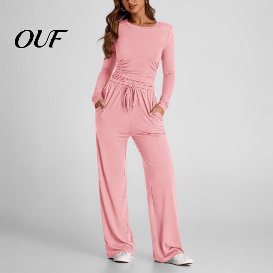 Women Matching Sets Top Pants Set for Spring Fall, Slim Fit Crewneck Sweatshirt, Casual Lounge Elastic Waist Loose Wide Leg Pants, Solid Color 2-Piece
