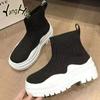 Вязаные эластичные носки-сапоги 2024 года, модные новые модные туфли смешанных цветов на платформе для женщин на осень-зиму