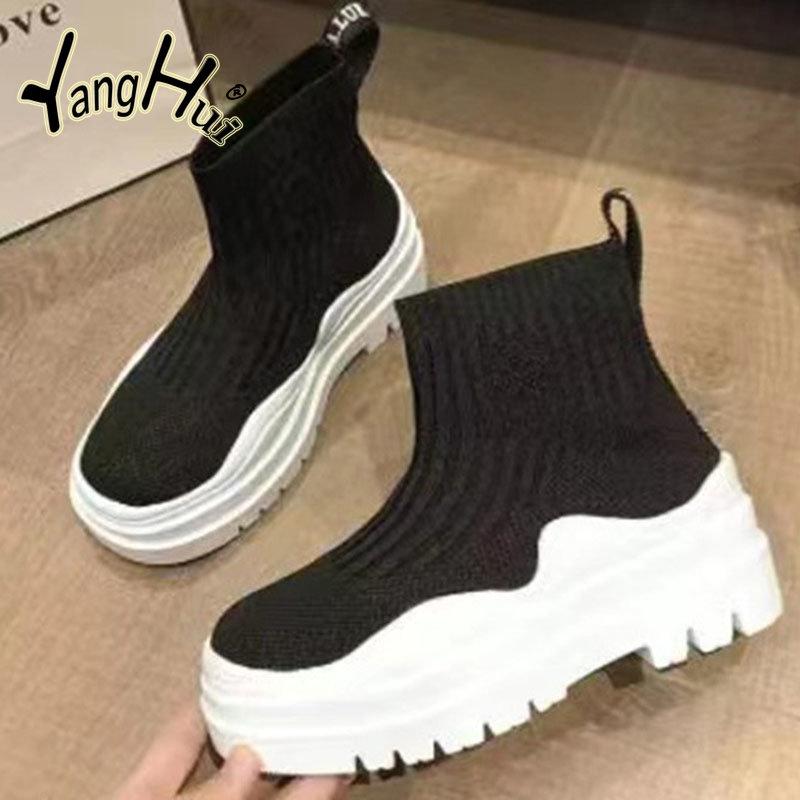 Вязаные эластичные носки-сапоги 2024 года, модные новые модные туфли смешанных цветов на платформе для женщин на осень-зиму